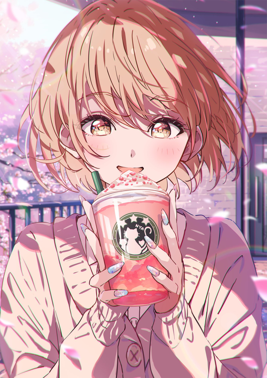 1girl brown_eyes brown_hair brown_sweater cherry_blossoms cup day disposable_cup door facing_viewer falling_petals fence frappuccino highres light_blush long_sleeves medium_hair narumi_nanami open_mouth original outdoors petals sitting smile solo sweater umbrella whipped_cream