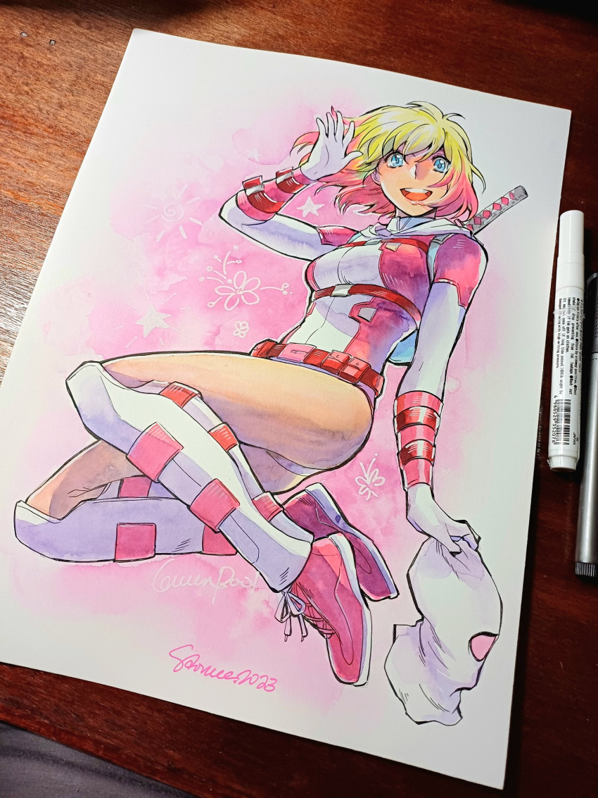 1girl blonde_hair blue_eyes bodysuit gradient_hair gwenpool highres hood hooded_bodysuit hooded_leotard leotard looking_at_viewer marvel mask multicolored_hair multicolored_leotard open_mouth pink_hair pink_leotard sao_(saowee) shin_guards short_hair skin_tight smile spider-man_(series) superhero traditional_media wrist_straps