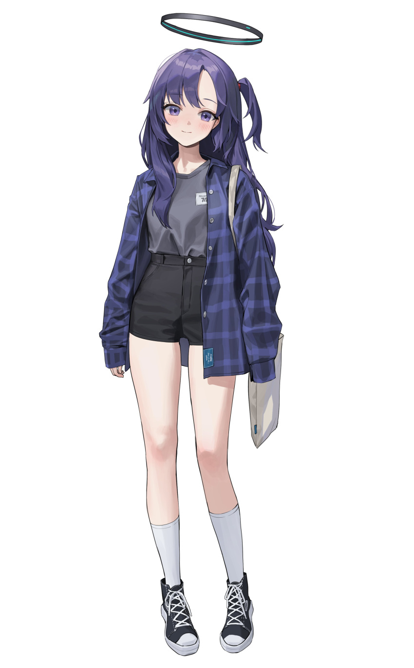 1girl absurdres alternate_costume alternate_hairstyle bag black_footwear black_jacket black_shorts blue_archive blue_jacket closed_mouth cross-laced_footwear full_body grey_shirt halo highres jacket light_smile long_hair long_sleeves looking_at_viewer one_side_up open_clothes open_jacket purple_eyes purple_hair shirt shoes shorts shoulder_bag simple_background smile sneakers socks striped striped_jacket thighs white_background white_bag white_socks xi_xeong yuuka_(blue_archive)