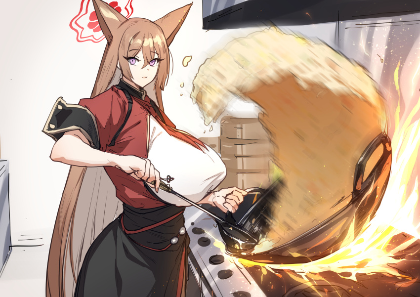 1girl absurdres animal_ears blue_archive breasts brown_hair closed_mouth cooking dress fire food fried_rice hair_between_eyes halo highres holding huge_breasts indoors long_hair looking_at_viewer meme purple_eyes rice_wave_(meme) rumi_(blue_archive) short_sleeves solo stove thirty_8ght very_long_hair wok