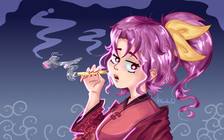 blowing_smoke hand_fan highres holding holding_fan holding_smoking_pipe japanese_clothes karebu52 kimono kiseru komakusa_sannyo purple_skirt red_kimono red_robe ribbon robe skirt smoking_pipe tobacco touhou unconnected_marketeers yellow_ribbon