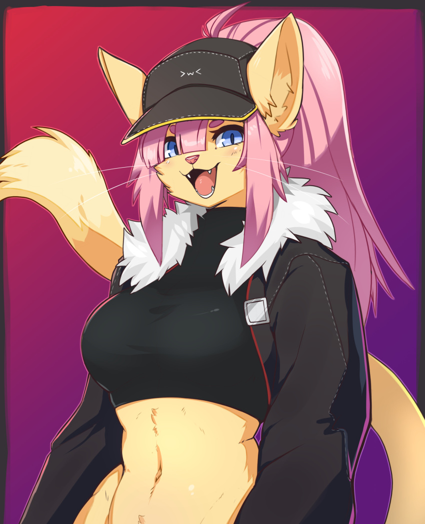 2023 anthro baseball_cap biped black_border border breasts clothing crop_top cropped_jacket digital_drawing_(artwork) digital_media_(artwork) domestic_cat eyebrows farrah_(zeekzag) felid feline felis female fur gradient_background hair half-length_portrait hat headgear headwear hi_res long_hair long_tail looking_at_viewer mammal navel open_mouth open_smile pink_background pink_eyebrows pink_hair pink_nose pink_tongue ponytail portrait sharp_teeth shirt simple_background smile solo tail teeth tongue topwear whiskers yellow_body yellow_ears yellow_fur yellow_inner_ear yellow_tail zeekzag