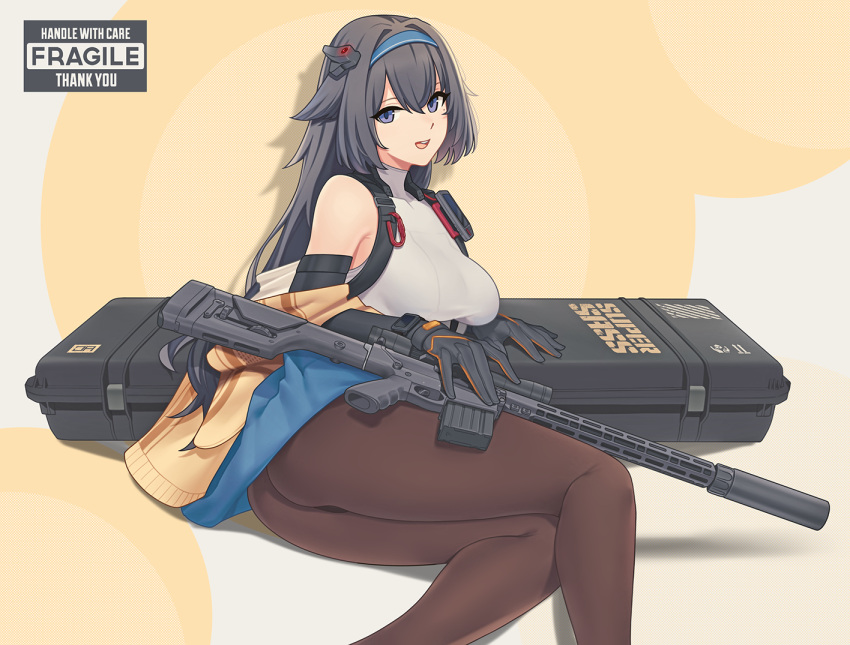 1girl ass bare_shoulders black_hair black_pantyhose blue_eyes blue_skirt breasts case character_name detached_sleeves girls'_frontline gloves gun hair_flaps hair_ornament hairband j_adsen long_hair looking_at_viewer medium_breasts mixed-language_commentary mod3_(girls'_frontline) mole mole_under_eye open_mouth pantyhose rifle scope skirt sniper_rifle super_sass super_sass_(girls'_frontline) suppressor turtleneck upskirt weapon weapon_case
