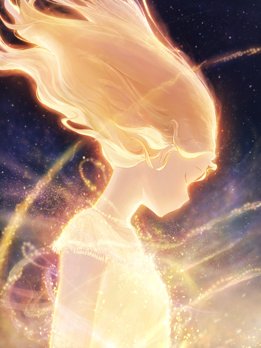 1girl absurdres blonde_hair breasts closed_eyes commentary english_commentary facing_down from_side glowing glowing_hair glowing_skin highres long_hair original personification profile shirt sishenfan small_breasts solo space star_(sky) sun upper_body yellow_shirt