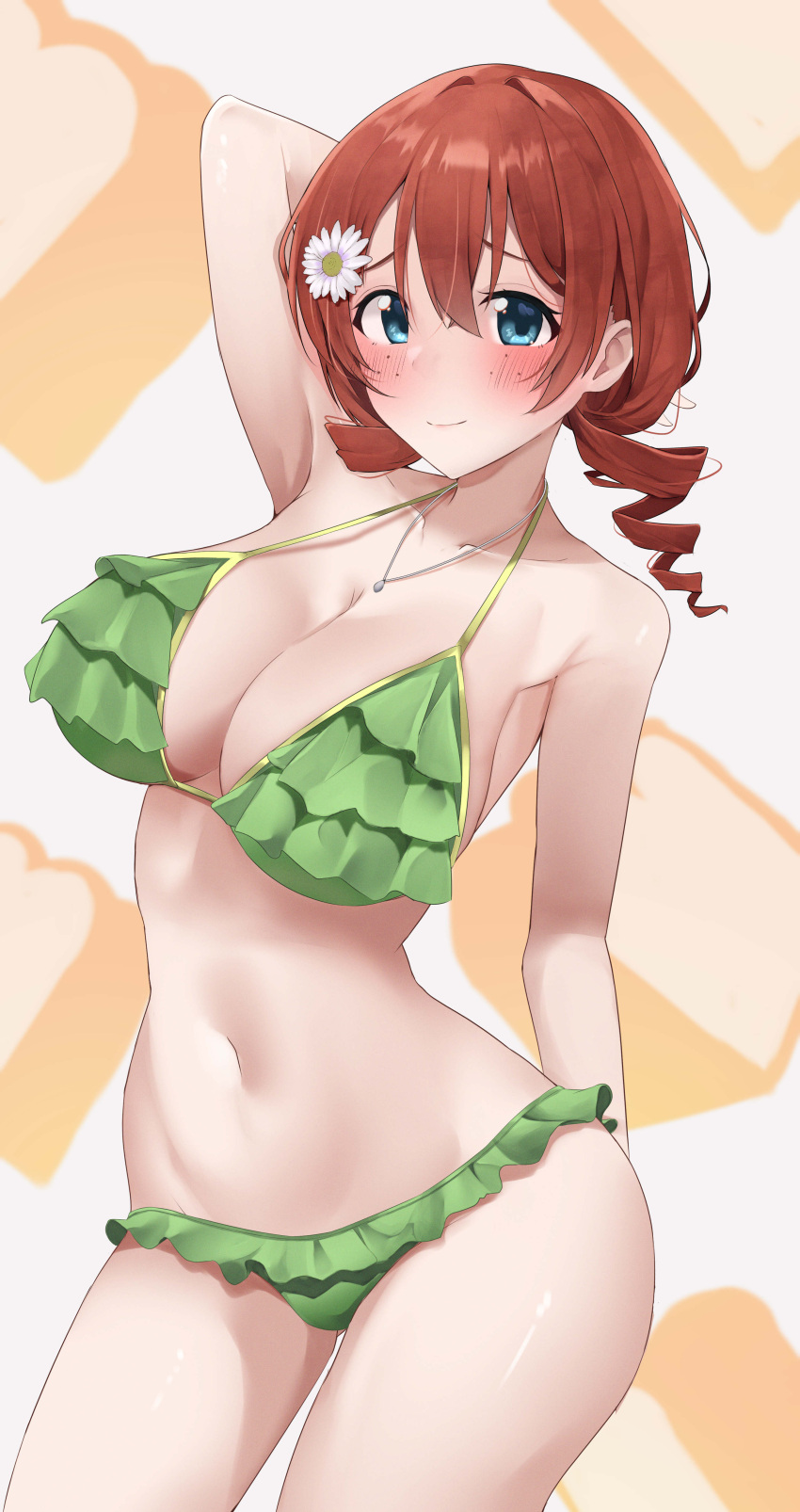 1girl absurdres arm_behind_back arm_behind_head armpits bare_arms bare_shoulders bikini blue_eyes blush breasts cleavage collarbone commentary_request emma_verde flower freckles frilled_bikini frills green_bikini hair_between_eyes hair_flower hair_ornament highres large_breasts looking_at_viewer love_live! love_live!_nijigasaki_high_school_idol_club lowlight1010 medium_hair navel red_hair simple_background smile solo swimsuit thighs twintails white_flower