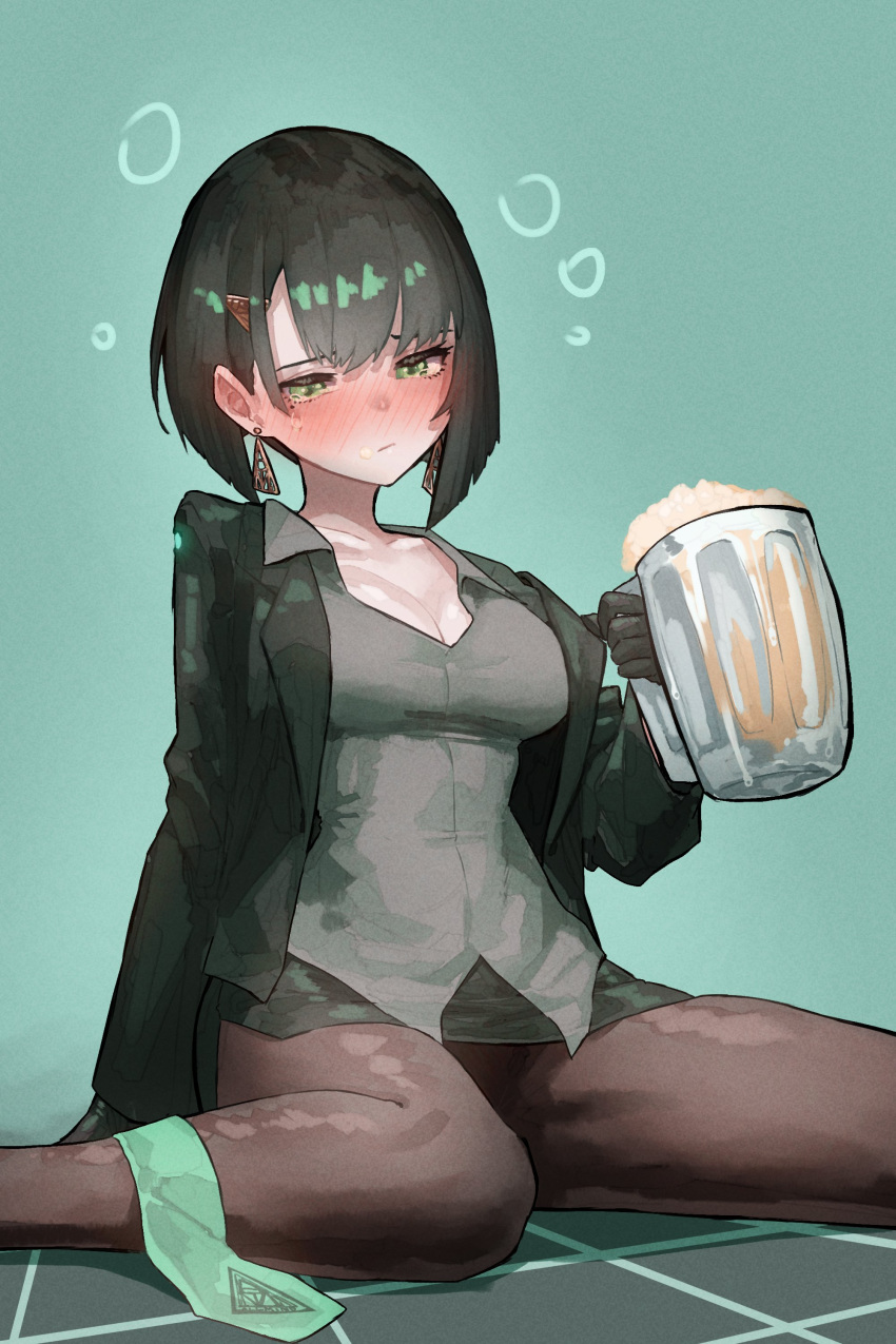 1girl absurdres alcohol allmind_(armored_core_6) armored_core armored_core_6 beer beer_mug black_gloves black_hair black_jacket black_pantyhose blush breasts cleavage collarbone collared_shirt commentary_request cup drunk ear_blush earrings ekrea_jan foam gloves green_eyes green_necktie grey_shirt hair_ornament hairpin highres jacket jewelry medium_breasts medium_hair miniskirt mug necktie necktie_removed on_floor open_clothes open_jacket pantyhose pencil_skirt personification shirt sitting skirt solo tears wariza wide_hips