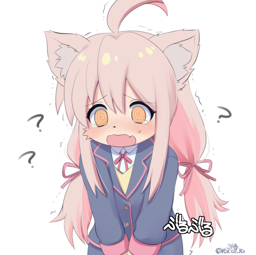 1girl ? @_@ ahoge animal_ear_fluff blue_skirt blush fang furrification furry furry_female genderswap genderswap_(mtf) have_to_pee highres low_twintails nose_blush onii-chan_wa_oshimai! open_mouth orange_eyes oyama_mahiro pink_hair racal_ra simple_background skirt solo tareme tears trembling twintails twitter_username v_arms white_background