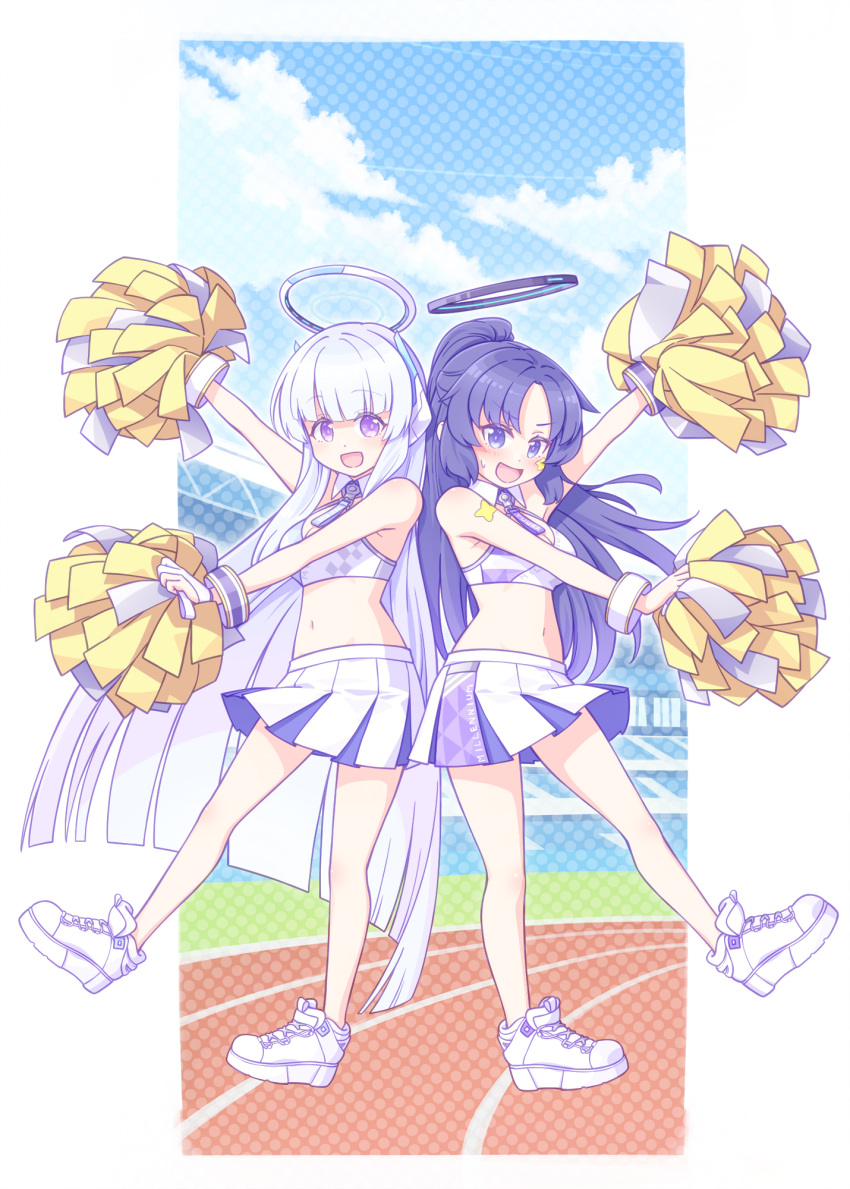 2girls :d arm_up bare_shoulders blue_archive blue_eyes blue_hair blue_sky blush breasts cloud commentary_request day grey_hair halo harada_(sansei_rain) headgear highres long_hair looking_at_viewer medium_breasts millennium_cheerleader_outfit_(blue_archive) multiple_girls navel noa_(blue_archive) outstretched_arms parted_bangs pleated_skirt pom_pom_(cheerleading) ponytail purple_eyes shoes skirt sky smile standing standing_on_one_leg sweat v-shaped_eyebrows very_long_hair white_footwear white_skirt yuuka_(blue_archive)