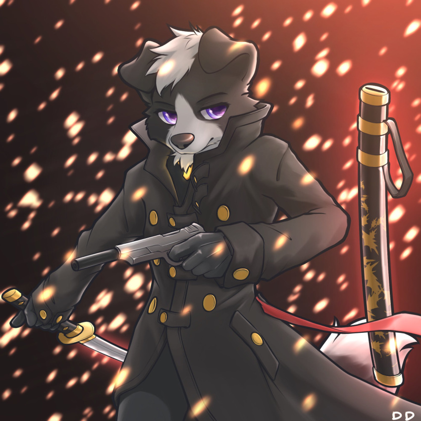 1:1 2022 anthro black_body black_fur border_collie canid canine canis clothed clothing coat collie ddgio domestic_dog floppy_ears fully_clothed fur gun head_tuft herding_dog hi_res holding_gun holding_object holding_sword holding_weapon light lighting looking_at_viewer male mammal melee_weapon pastoral_dog purple_eyes ranged_weapon sheepdog solo sword topwear tuft weapon white_body white_fur