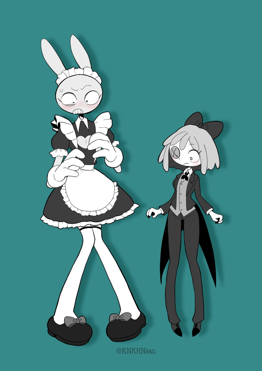 1boy 1girl alternate_costume animal_ears apron black_footwear black_pants blush bow button_eyes constricted_pupils full_body furry gloves hair_bow highres jax_(the_amazing_digital_circus) knkhnsan looking_at_another looking_down maid_apron pants rabbit_boy rabbit_ears ragatha_(the_amazing_digital_circus) simple_background standing suit sweatdrop the_amazing_digital_circus thighhighs vest