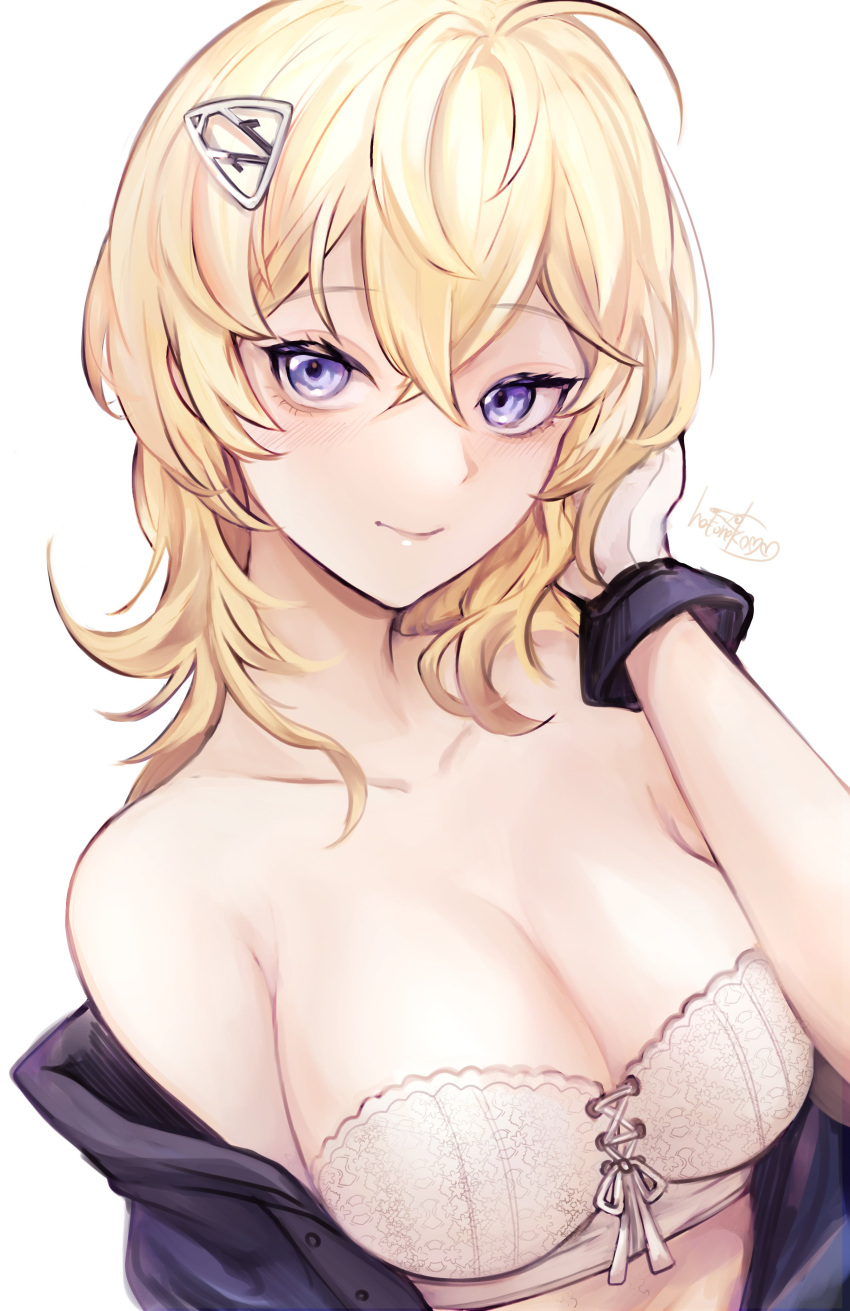 1girl absurdres blonde_hair blue_eyes bra breasts cleavage closed_mouth collarbone gloves hair_between_eyes hair_ornament hatoneko highres kantai_collection large_breasts medium_hair one-hour_drawing_challenge signature simple_background solo tuscaloosa_(kancolle) underwear upper_body white_background white_bra white_gloves