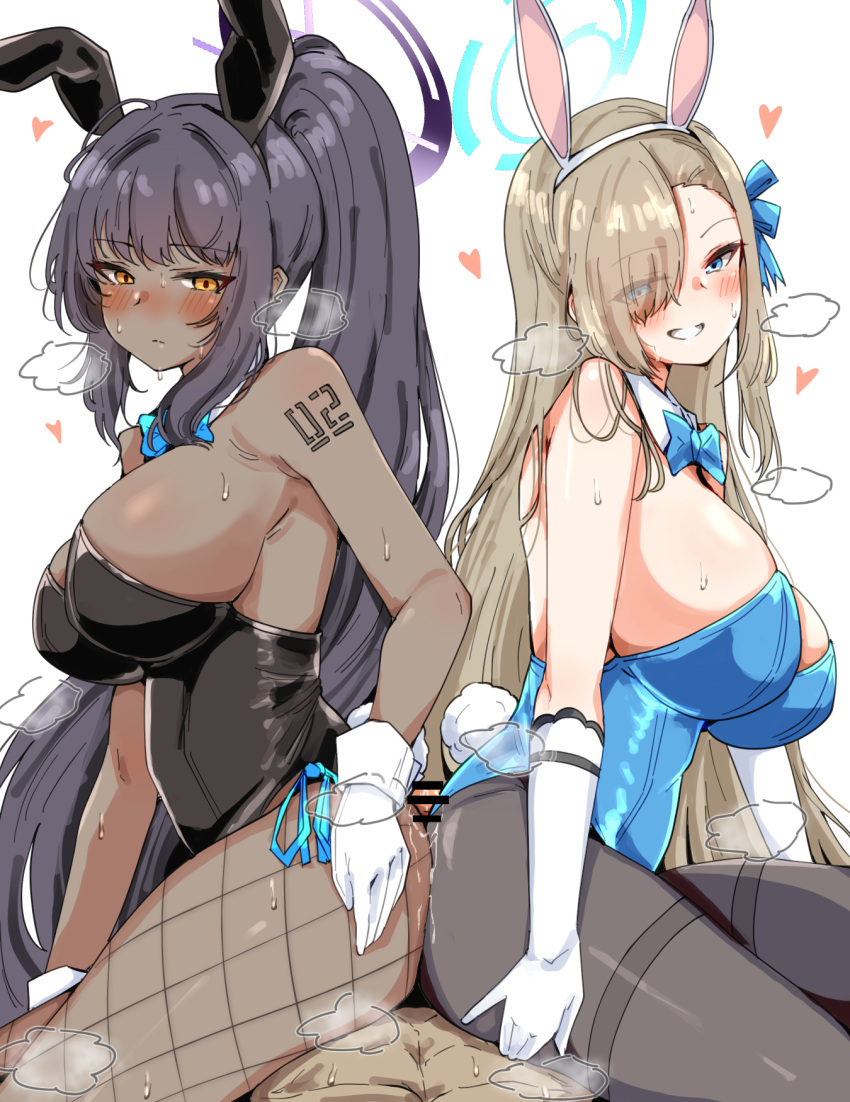 1boy 2girls animal_ears asuna_(blue_archive) asuna_(bunny)_(blue_archive) bar_censor bare_shoulders black_hair black_leotard black_pantyhose blue_archive blue_bow blue_bowtie blue_eyes blue_leotard blush bow bowtie breasts buttjob censored closed_mouth cooperative_buttjob dark-skinned_female dark_skin detached_collar eyes_visible_through_hair fake_animal_ears fake_tail ffm_threesome fishnet_pantyhose fishnets gloves grin group_sex hair_over_one_eye halo heart hetero high_ponytail highres karin_(blue_archive) karin_(bunny)_(blue_archive) large_breasts leotard light_brown_hair long_hair looking_at_viewer looking_down machismo_fuji multiple_girls pantyhose penis playboy_bunny pov rabbit_ears rabbit_tail smile tail threesome very_long_hair white_background white_gloves yellow_eyes