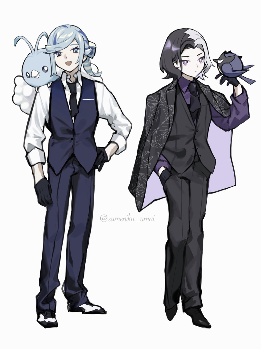 2boys amethio_(pokemon) black_gloves black_necktie collared_shirt commentary gloves grusha_(pokemon) hand_in_pocket hand_up highres jacket long_sleeves male_focus multiple_boys necktie on_shoulder pants pokemon pokemon_(anime) pokemon_(creature) pokemon_(game) pokemon_horizons pokemon_on_shoulder pokemon_sv rookidee sameniku_umai shirt shoes simple_background standing swablu symbol-only_commentary twitter_username vest watermark white_background white_shirt