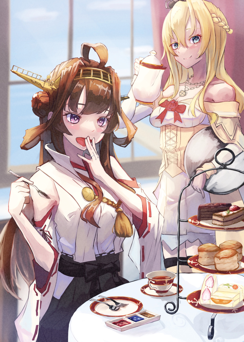 2girls absurdres ahoge black_skirt blonde_hair blue_eyes braid brown_hair cake corset crown cup detached_sleeves double_bun dress flower food french_braid hair_bun hairband headgear highres jewelry kantai_collection kongou_(kancolle) kongou_kai_ni_(kancolle) long_hair long_sleeves mini_crown multiple_girls necklace nontraditional_miko off-shoulder_dress off_shoulder panda_(heart_sink) popped_collar purple_eyes red_flower red_ribbon red_rose ribbon ribbon-trimmed_sleeves ribbon_trim rose saucer sitting skirt spoon teacup teapot thighhighs tiered_tray warspite_(kancolle) white_dress window