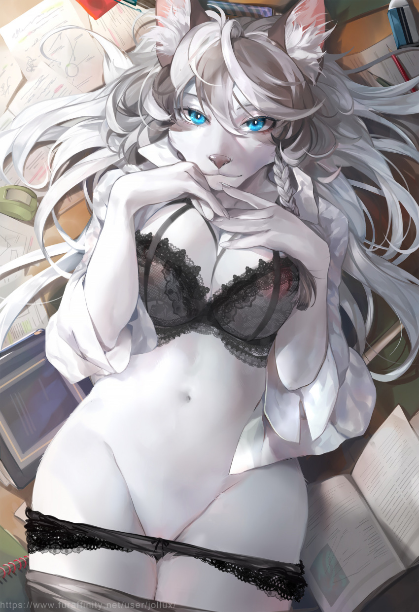 anthro areola blue_eyes bra canid canine clothed clothing detailed_background female fur grey_hair hair hi_res inner_ear_fluff jollux_(artist) lingerie looking_at_viewer lying mammal nipples on_back open_book panties panties_down partially_clothed solo translucent translucent_clothing tuft underwear underwear_down white_body white_fur