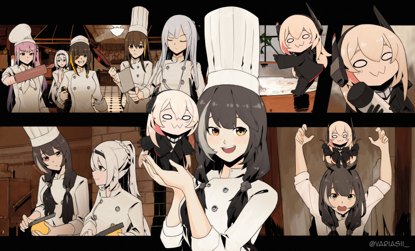 6+girls :3 absurdres ak-12_(girls'_frontline) an-94_(girls'_frontline) black_hair blonde_hair brown_hair chef chef_hat cleaver closed_eyes commentary english_commentary flat_top_chef_hat food fruit girls'_frontline grabbing_another's_hair grin hair_over_shoulder hat heterochromia highres holding holding_cleaver holding_food lemon long_hair m16a1_(girls'_frontline) m4_sopmod_ii_(girls'_frontline) m4_sopmod_ii_jr m4a1_(girls'_frontline) multiple_girls on_head open_mouth parody pink_hair ratatouille red_eyes ro635_(girls'_frontline) rolling_pin smile st_ar-15_(girls'_frontline) standing_on_another's_head twintails twitter_username variasii yellow_eyes