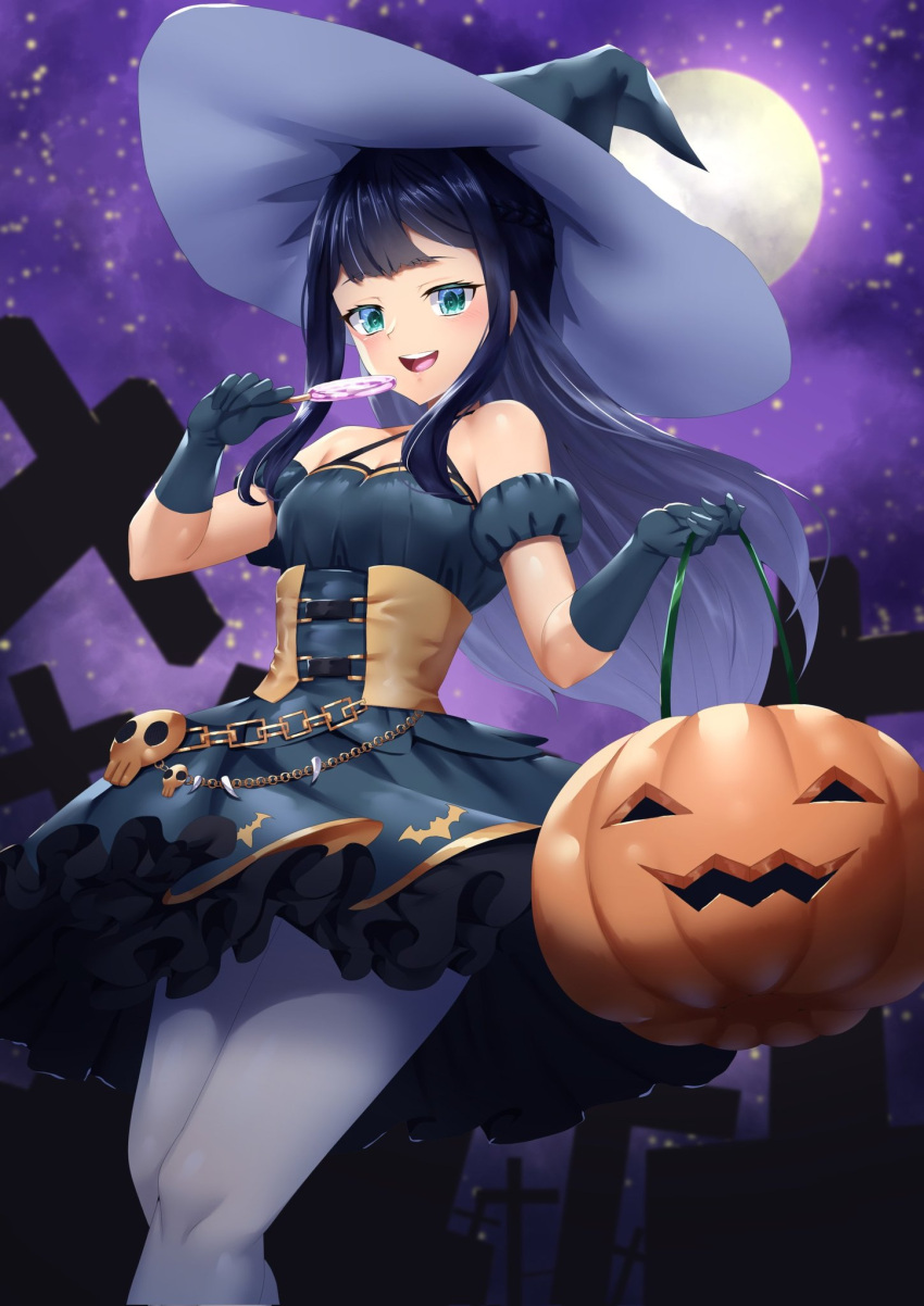 1girl alternate_costume andvari_(last_origin) black_dress black_gloves blue_eyes breasts candy collarbone corset curecycadura dress food full_moon gloves grey_pantyhose halloween halloween_bucket halloween_costume happy_halloween hat highres jack-o'-lantern last_origin lollipop long_hair looking_at_viewer moon night open_mouth pantyhose pumpkin sky small_breasts smile solo star_(sky) starry_sky swirl_lollipop trick_or_treat witch witch_hat