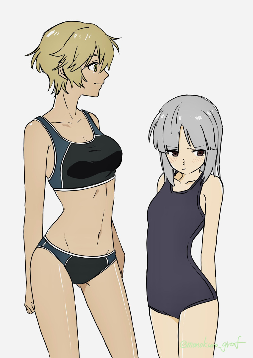 2girls :t arms_behind_back artist_name ass_visible_through_thighs bikini blonde_hair blunt_bangs blush brave_witches breasts cleavage closed_mouth collarbone contrapposto cowboy_shot edytha_rossmann grey_background grey_hair groin groin_tendon hair_between_eyes highres long_hair looking_to_the_side medium_breasts monokuro_graf multiple_girls navel school_swimsuit short_hair small_breasts smile swimsuit waltrud_krupinski white_background world_witches_series yellow_eyes