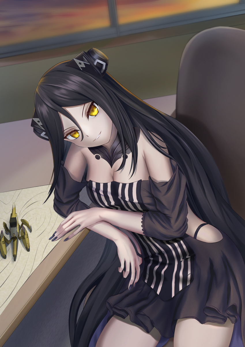 1girl 6256256 absurdres bare_shoulders black_dress black_hair black_panties black_sleeves breasts chair cleavage commentary_request detached_sleeves dreamer_(girls'_frontline) dress dusk dutch_angle elbow_on_table figure fingernails girls'_frontline grin hair_between_eyes hand_on_table head_tilt headgear highres indoors long_hair looking_at_viewer manticore_(girls'_frontline) medium_breasts nail_polish panties parted_lips pinstripe_dress pinstripe_pattern sangvis_ferri short_sleeves side_slit sitting smile solo striped underwear usekh_collar very_long_hair window yellow_eyes