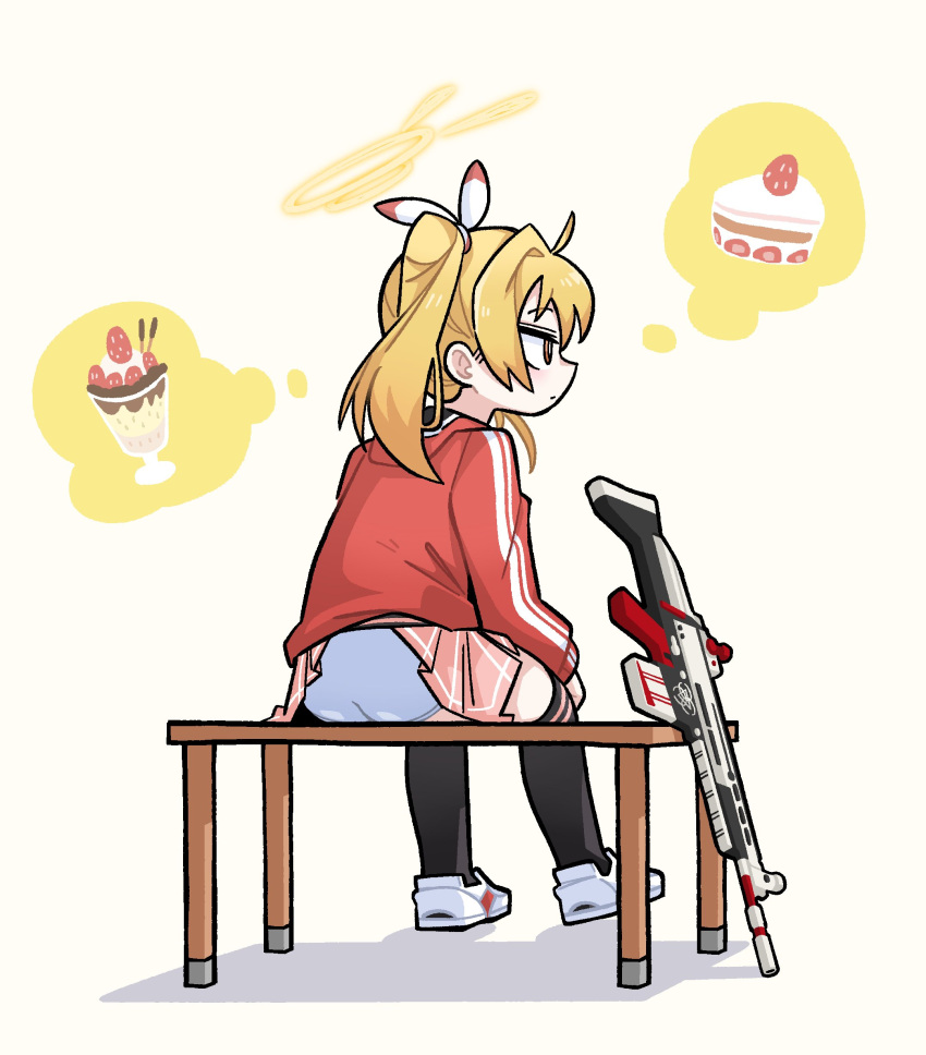 1girl absurdres ahoge ass bench blonde_hair blue_archive brown_eyes cake cake_slice clothes_lift expressionless fn_scar_17 food full_body halo highres hoduochil imagining jacket looking_to_the_side miniskirt panties parfait pink_skirt red_jacket shoes sitting skirt skirt_caught_on_object skirt_lift sneakers solo track_jacket twintails underwear white_panties yoshimi_(blue_archive)