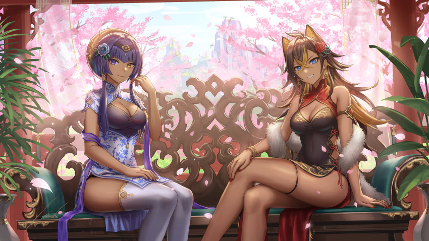 2girls alternate_costume anbe_yoshirou bare_shoulders blue_eyes blue_hair breasts candace_(genshin_impact) china_dress chinese_clothes circlet cleavage_cutout clothing_cutout couch dark-skinned_female dark_skin dehya_(genshin_impact) dress flower genshin_impact grin hair_flower hair_ornament highres long_hair looking_at_viewer medium_breasts multiple_girls pelvic_curtain short_hair_with_long_locks sitting smile teeth thighhighs thighs yellow_eyes