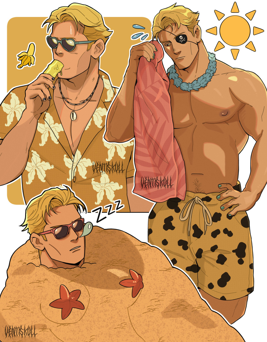 1boy abs absurdres aqua_nails banana bara beach_towel blonde_hair buried cowboy_shot cropped_torso dark-skinned_male dark_skin dilfborne_(ventiskull) eating eyepatch flying_sweatdrops food fruit hand_on_own_hip hawaiian_shirt heart heart-shaped_eyewear highres holding holding_food holding_popsicle jewelry jujutsu_kaisen looking_down male_focus male_swimwear mature_male multiple_views muscular muscular_male nanami_kento navel navel_hair necklace nipples nose_bubble pectoral_cleavage pectorals pink_towel popsicle sand shell shell_necklace shirt sleeping starfish sun sunglasses sweatdrop swim_trunks topless_male towel white_background yellow_male_swimwear yellow_shirt zzz