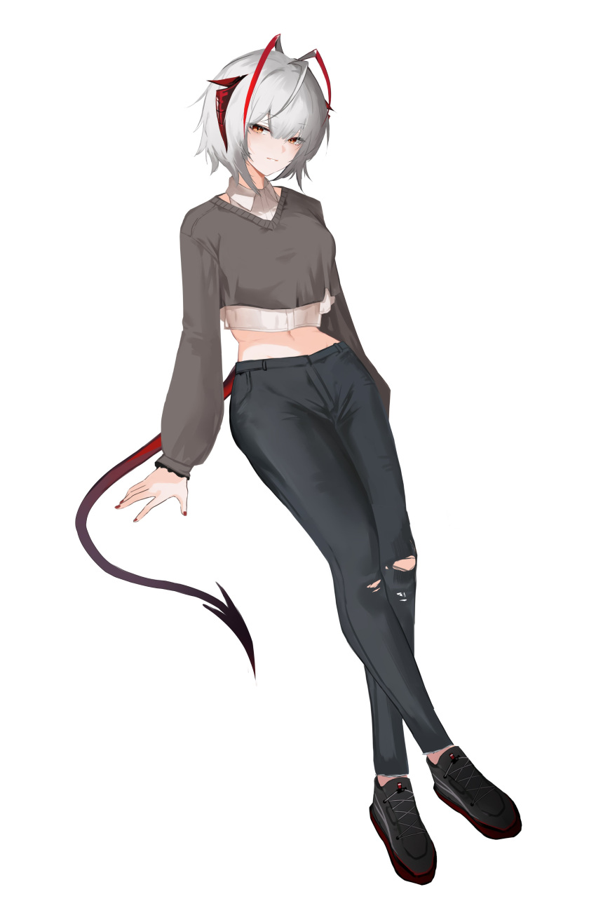 1girl absurdres arknights black_footwear black_pants black_sweater breasts brown_eyes collared_shirt crop_top cropped_sweater dress_shirt full_body grey_hair hair_between_eyes highres long_sleeves looking_at_viewer medium_breasts midriff nail_polish navel pants puffy_long_sleeves puffy_sleeves red_nails shirt shoes simple_background sleeves_past_wrists smile solo sweater tail torn_clothes torn_pants w_(arknights) white_background white_shirt xiaobei