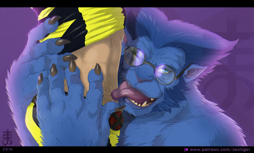 beast_(marvel) blue_body blue_eyes blue_fur claws duo eyewear fur glasses human humanoid humanoid_pointy_ears licking looking_at_viewer male male/male mammal marvel tongue tongue_out x-men zenthetiger