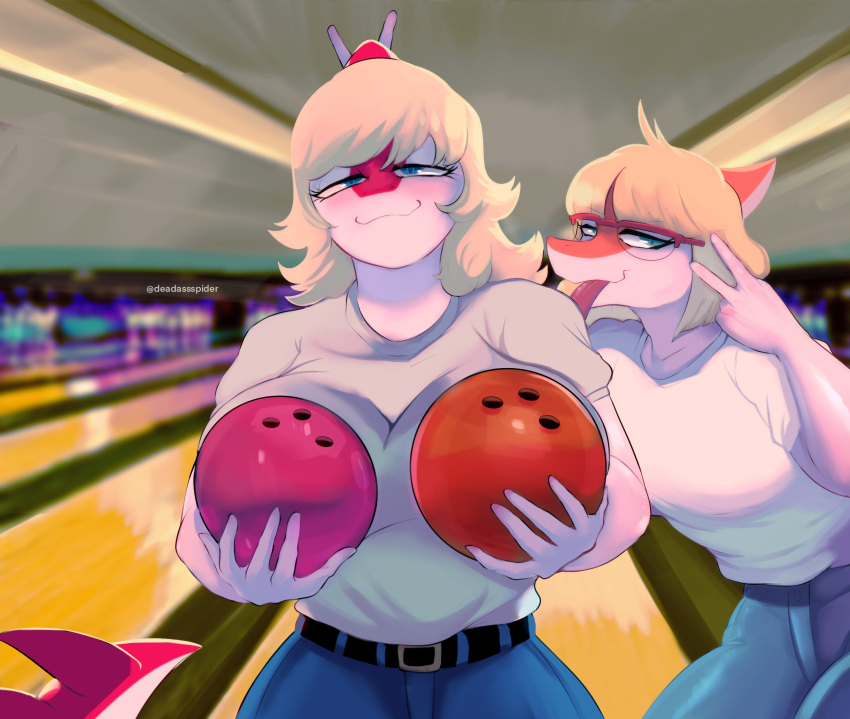 2023 anthro artist_name big_breasts blonde_hair blue_eyes bottomwear bowling_alley bowling_ball breasts bunny_ears_(gesture) clothing deadassspider denim denim_clothing detailed_background digital_drawing_(artwork) digital_media_(artwork) dinosaur duo eyelashes eyewear female fingers gesture glasses goodbye_volcano_high hadrosaurid hair hi_res i_wani_hug_that_gator inside jeans long_tail looking_at_viewer mia_(iwhtg) multicolored_body multicolored_scales naomi_(gvh) orange_body orange_scales ornithischian pants parasaurolophus red_body red_scales reptile scales scalie short_hair sibling_(lore) sister_(lore) sisters_(lore) smile snoot_game_(fan_game) snout spikes spikes_(anatomy) tail teal_eyes tongue tongue_out two_tone_body two_tone_scales v_sign watermark white_body white_scales