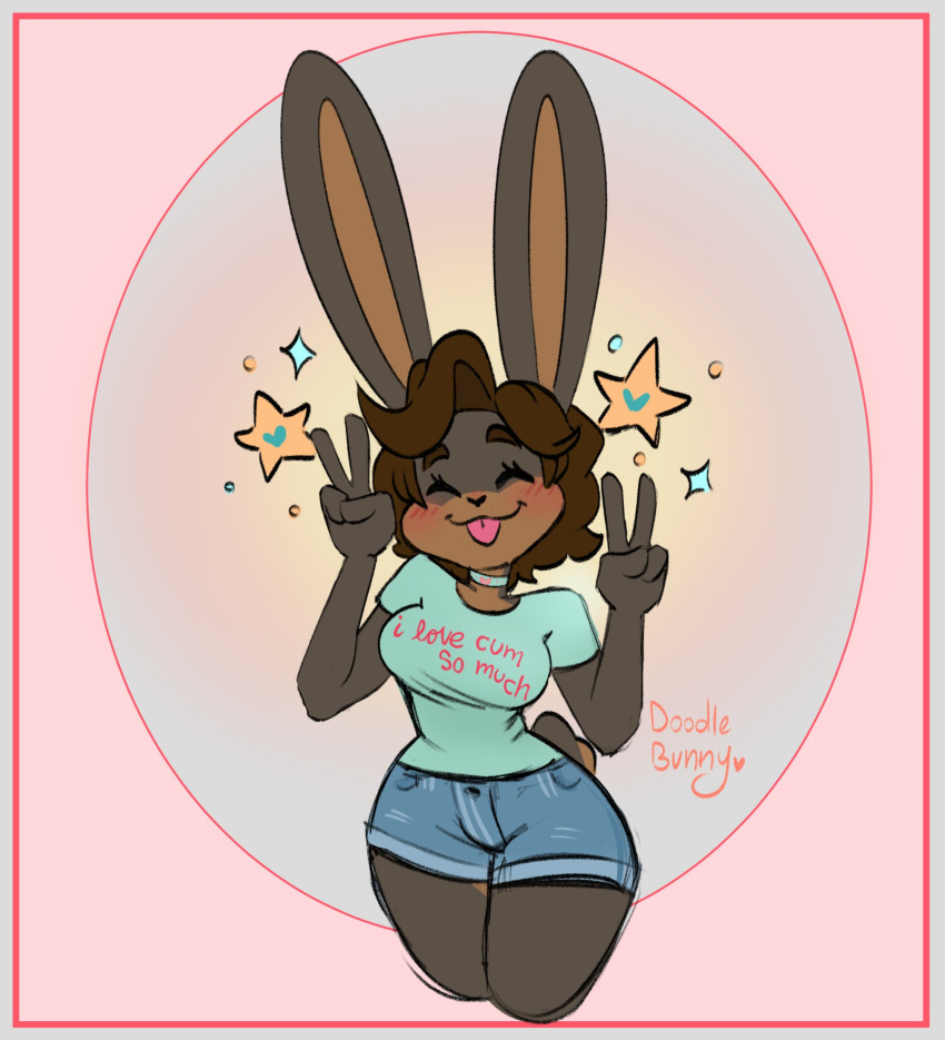 &lt;3 anthro big_breasts big_butt big_ears blue_background blue_clothing blush blush_lines border bottomwear breasts brown_body brown_fur brown_hair butt choker clothing cursive curvy_figure doodlebunnyart double_v_sign eyes_closed female fur gesture grey_body grey_fur hair heart_choker heart_nose hi_res hourglass_figure humor jewelry lagomorph legs_together leporid mammal meme meme_clothing necklace nose_blush pink_background rabbit red_clothing scut_tail shirt short_tail shorts signature simple_background smile solo standing star tail tan_body tan_fur teal_clothing text text_on_clothing text_on_shirt text_on_topwear thick_thighs tongue tongue_out topwear v_sign wide_hips