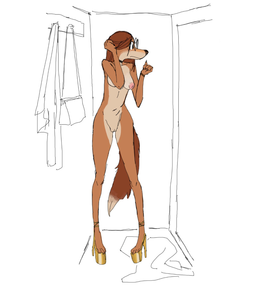 anthro breasts brown_hair canid canine canis closet clothing domestic_dog eyewear female footwear front_view fur genitals glasses hair hi_res high_heels hunting_dog illumination_entertainment inside mammal nipples nude pussy saluki sighthound sing_(movie) sketch solo standing suki_lane tan_body tan_fur wolfinasuit
