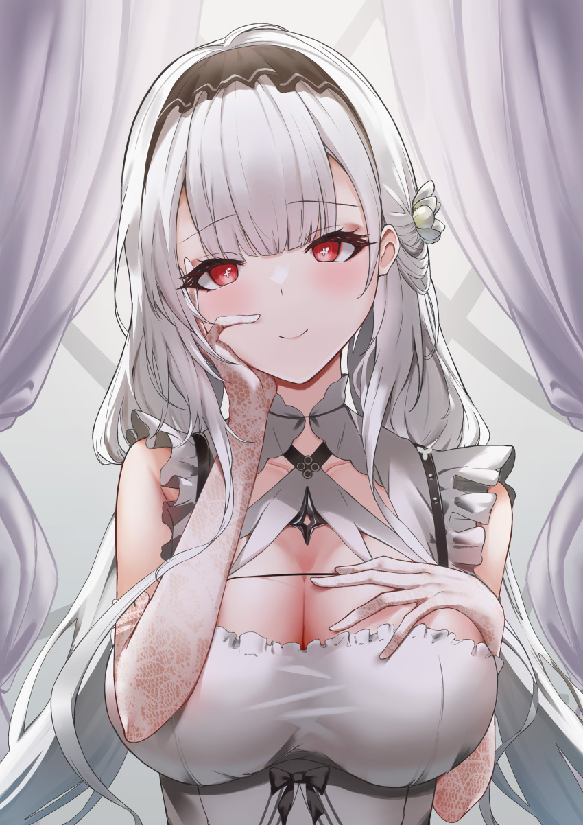 +_+ 1girl absurdres azur_lane black_bow blunt_bangs blush bow breasts cleavage closed_mouth cross-shaped_pupils curtains dress dress_bow elbow_gloves flower frilled_dress frills gloves hair_flower hair_ornament hand_on_own_cheek hand_on_own_chest hand_on_own_face highres kirisamede_gzr lace-trimmed_gloves lace_trim large_breasts long_hair looking_at_viewer maid maid_headdress red_eyes scylla_(azur_lane) sleeveless sleeveless_dress smile solo symbol-shaped_pupils upper_body white_dress white_gloves white_hair