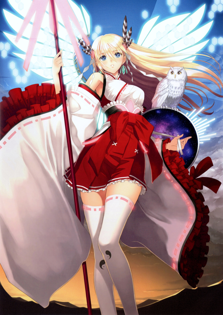1girl absurdres animal bare_shoulders bird blonde_hair blue_eyes blush breasts cardfight!!_vanguard detached_sleeves earrings energy_wings frills hair_ornament hakama hakama_skirt highres holding holding_weapon japanese_clothes jewelry long_hair long_sleeves medium_breasts miko outdoors owl parted_lips polearm scan shield simple_background skirt solo thighhighs thighs tony_taka very_long_hair weapon white_thighhighs wide_sleeves wings yin_yang zettai_ryouiki