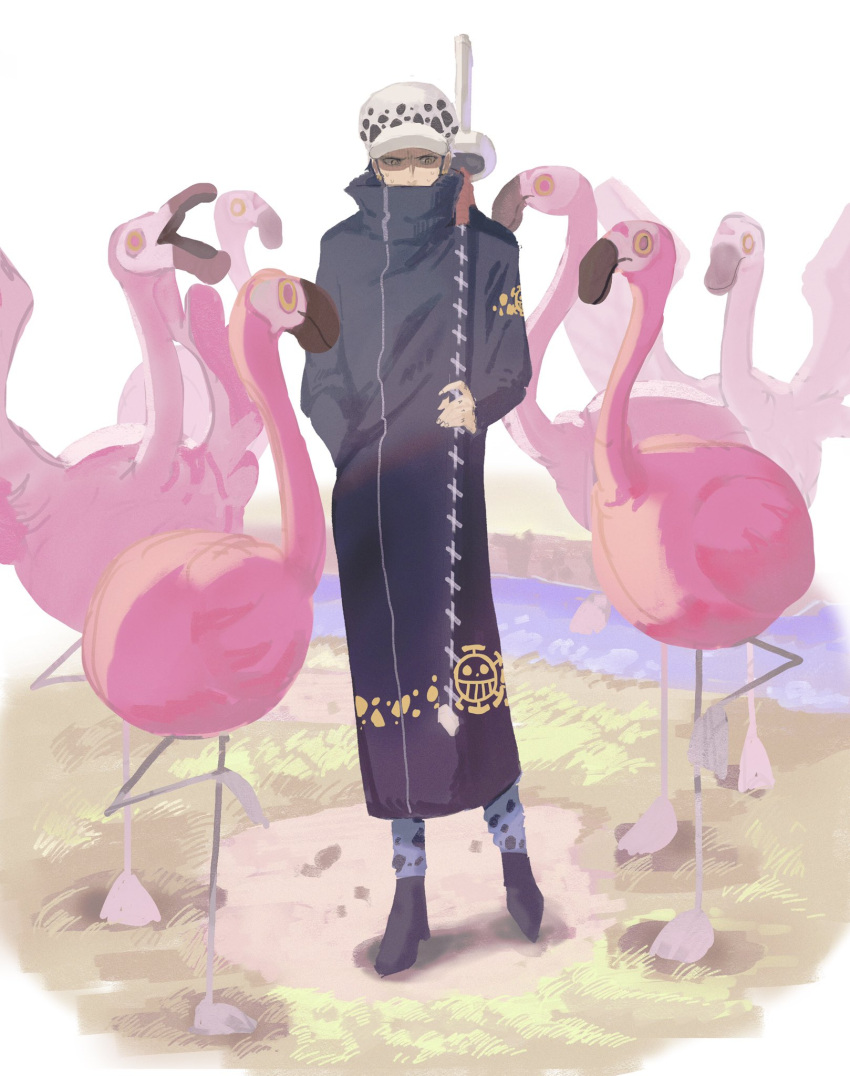 1boy animal bird black_coat coat confused covered_mouth flamingo hand_in_pocket hat highres holding holding_sheath holding_sword holding_weapon jolly_roger long_coat male_focus no_lineart one_piece saitani shaded_face sheath sheathed simple_background solo surrounded sword trafalgar_law weapon