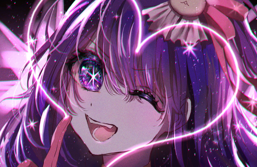 1girl :d chromatic_aberration commentary gloves hair_between_eyes hair_ornament hair_ribbon heart hoshino_ai_(oshi_no_ko) idol jade_oo long_hair looking_at_viewer multicolored_eyes one_eye_closed open_mouth oshi_no_ko pink_gloves pink_ribbon portrait purple_eyes purple_hair rabbit_hair_ornament ribbon sidelocks smile solo sparkle star-shaped_pupils star_(symbol) symbol-shaped_pupils teeth