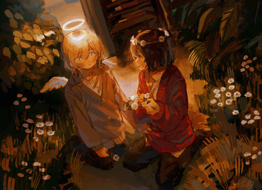 ambiguous_gender angel angel_wings black_hair black_pants blue_eyes blue_sweater blush child closed_mouth daisy flower hair_between_eyes halo head_wreath highres holding holding_flower looking_at_another on_grass original outdoors pants red_sweater seiza shirt short_hair sitting smile sweater tree v-neck whale_daisuki white_flower white_hair white_shirt wings