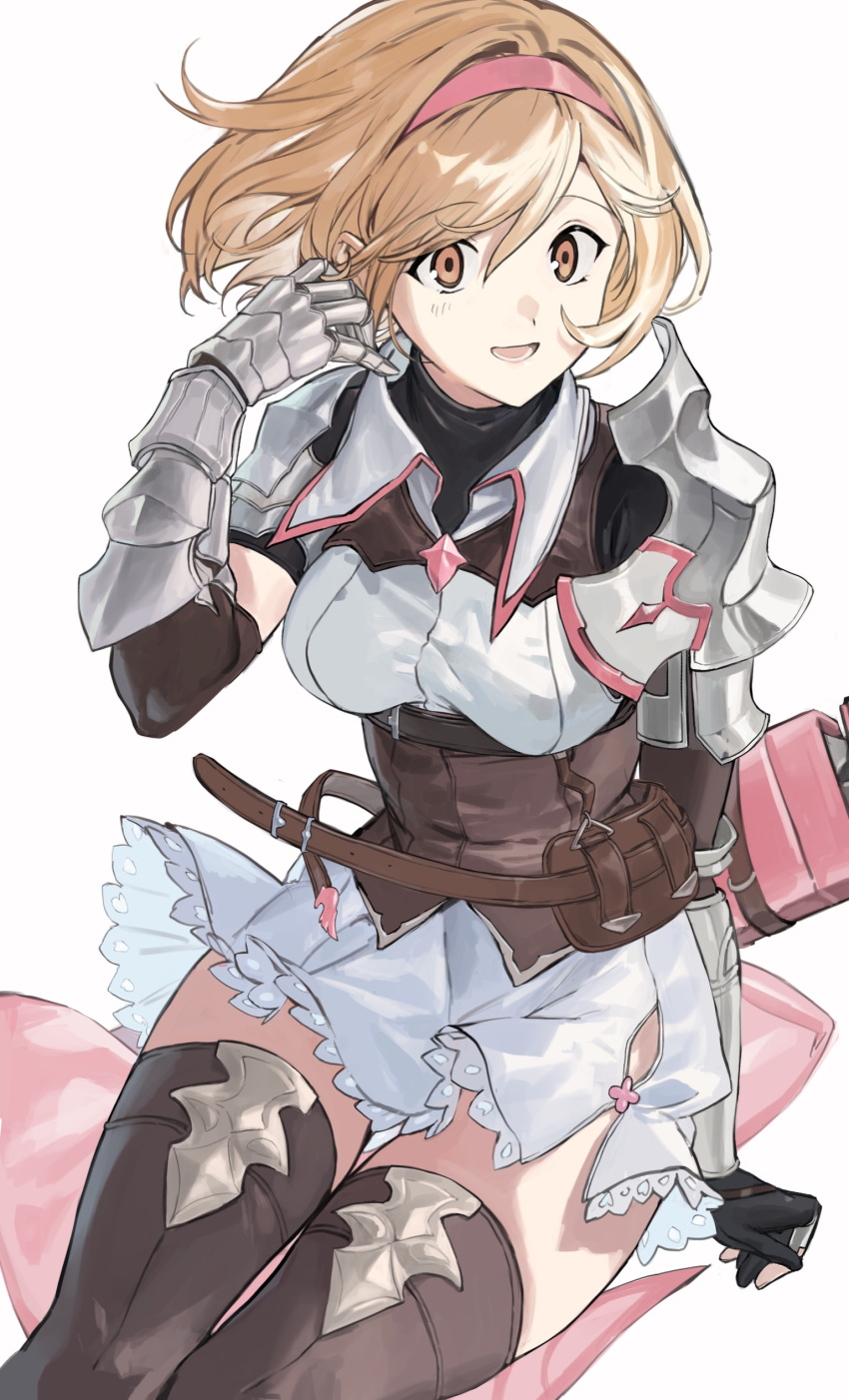 1girl absurdres armor belt black_shirt blonde_hair breasts brown_gloves brown_thighhighs corset djeeta_(granblue_fantasy) dress elbow_gloves gauntlets gloves granblue_fantasy granblue_fantasy:_relink hair_tucking hairband hashibiro_kou_(garapiko_p) highres invisible_chair open_mouth orange_eyes sheath shirt short_hair shoulder_armor simple_background sitting sleeveless sleeveless_dress small_breasts smile solo thighhighs white_background white_dress