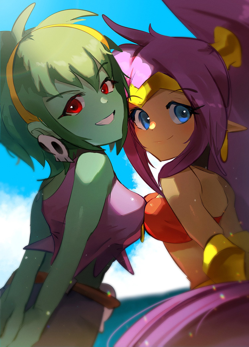 2girls armlet arms_behind_back blue_eyes breast_press breasts breasts_squeezed_together closed_mouth colored_skin dark_skin day earrings english_commentary from_behind green_hair green_skin hairband highres jaibus jewelry large_breasts long_hair medium_breasts multiple_girls ocean parted_lips ponytail purple_hair purple_tank_top red_tube_top rottytops shantae shantae_(series) shorts single_hair_ring skull_earrings sky smile strapless tank_top teeth tiara tube_top very_long_hair yellow_hairband