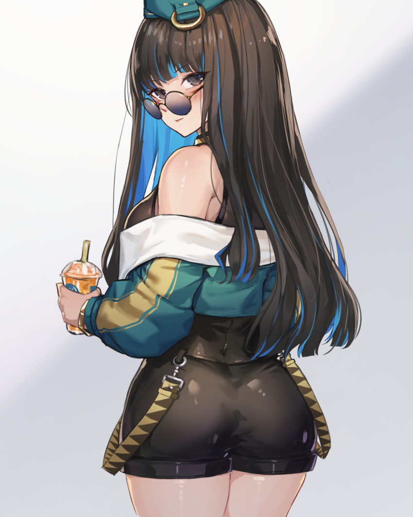 1girl ass back bare_shoulders beret black_hair black_shorts blue-tinted_eyewear blue_hair blush bracelet breasts colored_inner_hair cup drink drinking_straw fate/grand_order fate_(series) green_headwear green_jacket grey_eyes hat highres holding holding_cup holding_drink jacket jewelry light_smile long_hair long_sleeves looking_at_viewer looking_back looking_over_eyewear medium_breasts multicolored_hair off_shoulder round_eyewear shorts sidelocks smile solo sunglasses tenochtitlan_(fate) tenochtitlan_(second_ascension)_(fate) thighs tinted_eyewear ura_illust