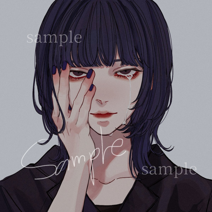 1girl black_jacket blunt_bangs brown_eyes commission crying crying_with_eyes_open grey_background hand_up hands_on_own_face highres jacket kagoya1219 looking_at_viewer medium_hair nail_polish original portrait purple_hair purple_nails sample_watermark sanpaku simple_background solo straight-on tears watermark