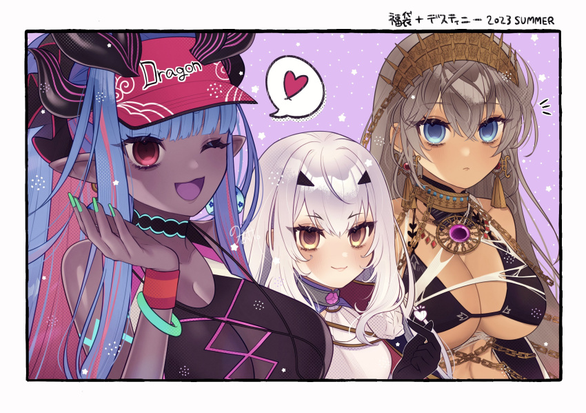 3girls bikini black_bikini blue_eyes blue_hair blush bracelet breasts chain cleavage colored_skin dragon_girl earrings english_text fate/grand_order fate_(series) gem gold_chain grey_hair hair_between_eyes happy hat heart highres horns huge_breasts ibuki_douji_(fate) ibuki_douji_(swimsuit_berserker)_(fate) ibuki_douji_(swimsuit_berserker)_(first_ascension)_(fate) jewelry long_hair melusine_(fate) melusine_(second_ascension)_(fate) monster_girl multicolored_hair multiple_girls nail_polish noa_pisces open_mouth pink_hair pointy_ears purple_skin red_eyes smile swimsuit tan tiara white_hair zenobia_(fate)