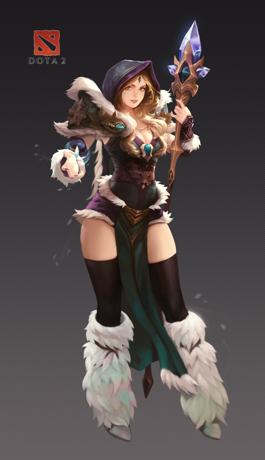 1girl absurdres arm_guards armor black_thighhighs blonde_hair blue_cape blue_dress blue_eyes blue_hood boots breasts cape cleavage copyright_name cowboy_shot crystal_maiden dota_(series) dota_2 dress english_commentary forehead_jewel full_body fur_boots fur_coat fur_dress highres holding holding_staff lips logo long_hair lonwa_a looking_at_viewer nail_polish pauldrons pelvic_curtain purple_nails shoulder_armor signature solo staff thighhighs white_footwear