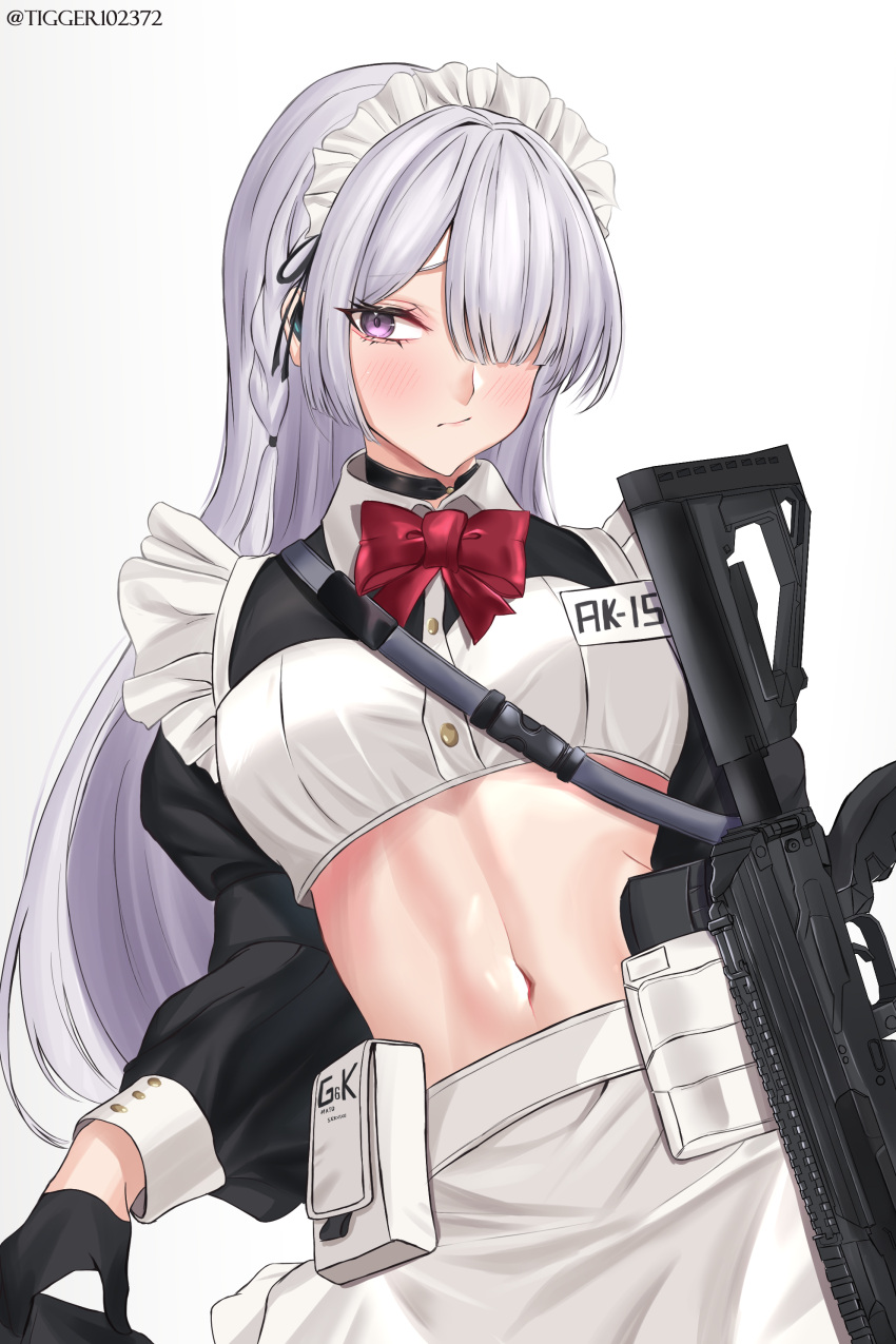 1girl absurdres ak-15 ak-15_(girls'_frontline) alternate_costume apron artist_name assault_rifle black_choker black_gloves bow bowtie braid choker crop_top enmaided girls'_frontline gloves grey_hair gun hair_over_one_eye half_gloves highres kalashnikov_rifle long_hair maid maid_apron maid_headdress midriff navel puffy_sleeves rifle tigger_drawing weapon