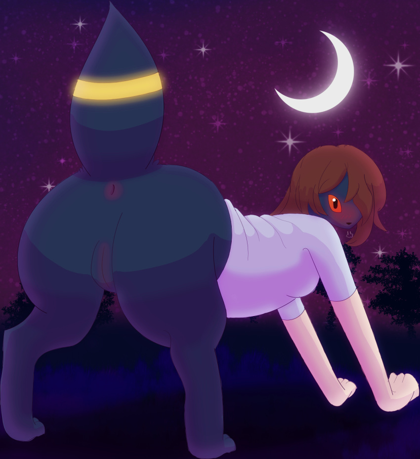 anus bioluminescence black_body black_fur blush bottomless bottomless_female breath_cloud brown_hair butt clothed clothing eeveelution female feral fur generation_2_pokemon genitals glowing hair hi_res human looking_back looking_over_shoulders mammal mid_transformation moon night nintendo outside partially_clothed plant pokemon pokemon_(species) presenting pussy red_eyes solo star transformation tree umbreon wcpadster