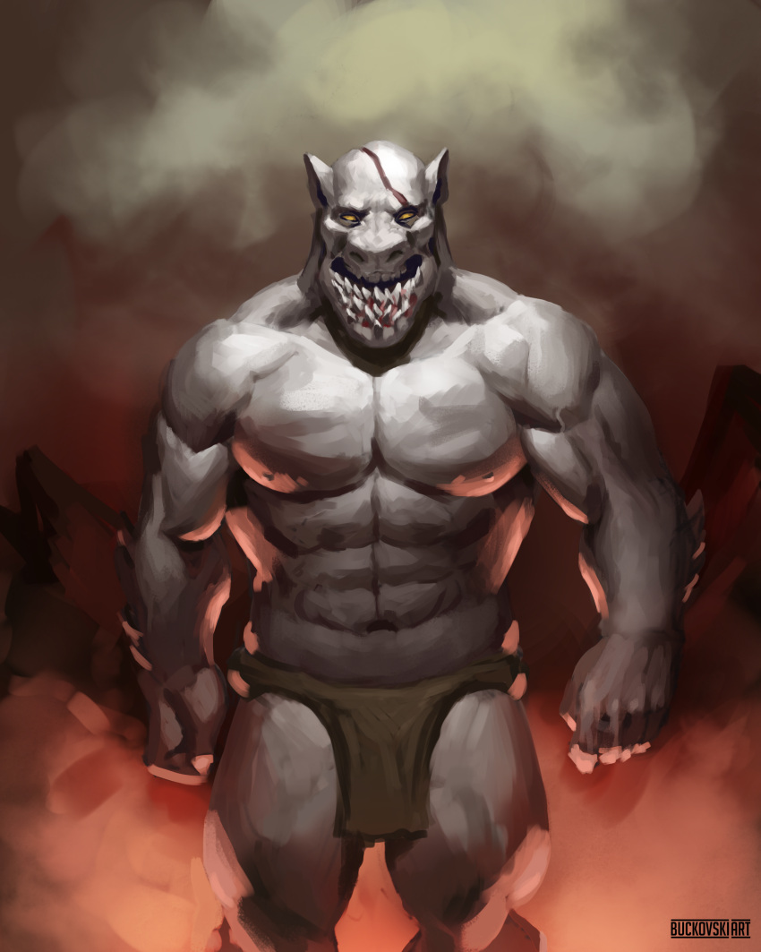 abs absurd_res anthro bare_shoulders barechested big_chest big_legs big_muscles bottomwear buckovskiart clothing darkfantasy draconic dragon ears_up fantasy fog foggy_background grey_body hi_res intimidation lava loincloth male male/male many_teeth menacing_approach monster mostly_nude muscly muscular orange_light original_character_do_not_steal quads red_background rock scalie scar scary simple_background snout solo spikes stronger teeth_expansion teeth_showing terrifying toned_muscles