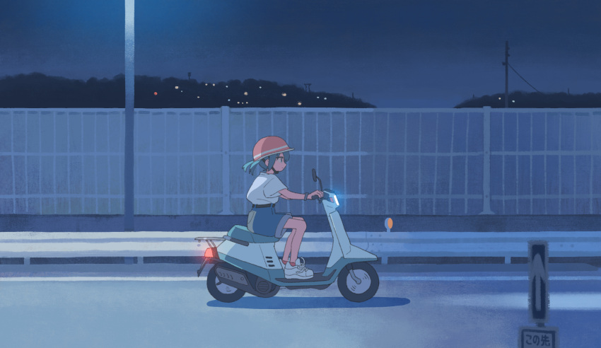 1girl aqua_hair driving helmet highres motorcycle_helmet muji_(uimss) night on_scooter original outdoors short_shorts shorts solo twintails