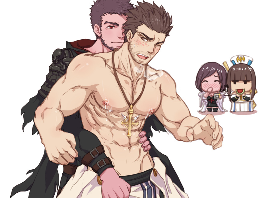 2boys 2girls abs arm_belt avenger_(dungeon_and_fighter) bara beard behind_another blush brown_hair character_request check_character chibi chibi_inset covering_mouth cross cross_necklace dungeon_and_fighter facial_hair feet_out_of_frame fujoshi grabbing grabbing_from_behind hand_on_another's_waist highres hood hood_down jewelry kulolin large_pectorals male_focus male_priest_(dungeon_and_fighter) mature_male multiple_boys multiple_girls muscular muscular_male navel necklace nipples pectorals priest priest_(dungeon_and_fighter) red_eyes saint_(dungeon_and_fighter) saliva seductive_smile short_hair shy sideburns smile standing stomach stubble textless_version thick_eyebrows undressing_another yaoi