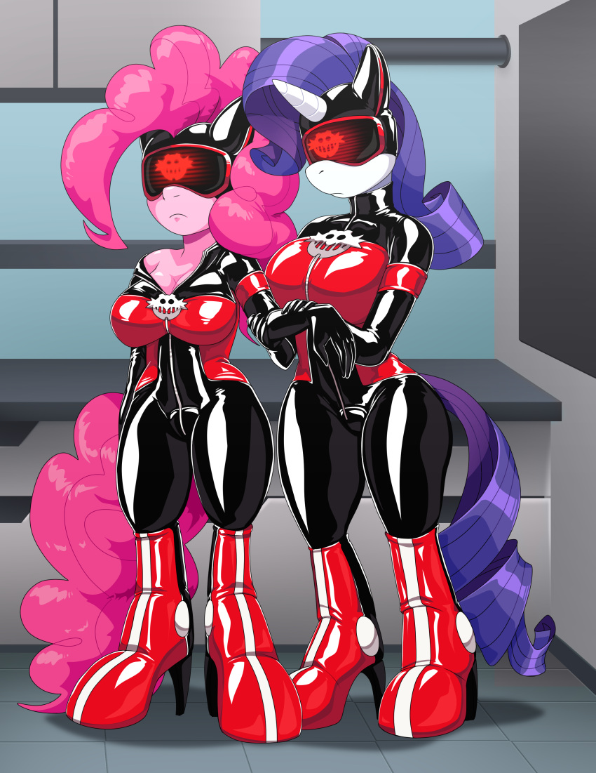 absurd_res anthro big_breasts black_latex bodysuit boots breasts cleavage clothed clothing drone duo earth_pony eggman_logo equid equine female footwear friendship_is_magic glistening_rubber hair hasbro hi_res high_heeled_boots high_heels horn horse hypnotic_visor latex latex_boots latex_clothing mammal mind_control my_little_pony pink_body pink_hair pinkie_pie_(mlp) pony purple_hair purple_tail rarity_(mlp) red_boots red_clothing red_footwear red_latex rubber rubber_boots rubber_clothing rubber_suit scittykitty skinsuit standing story story_in_description tail tight_clothing two_tone_bodysuit unicorn unicorn_horn visor white_body