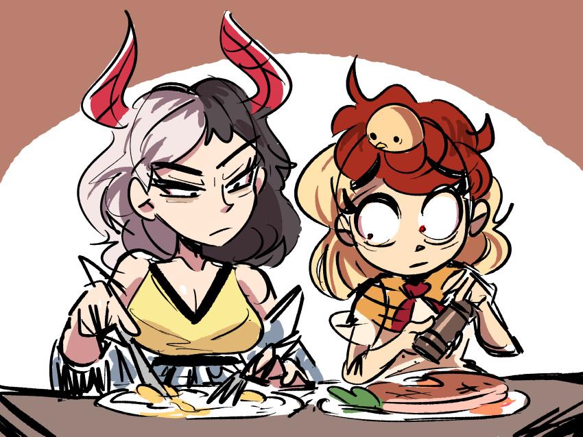 2girls absurdres animal_on_head bare_shoulders bird bird_on_head black_hair blonde_hair breasts chick cleavage closed_mouth commentary english_commentary food fork fried_egg highres horns knife multicolored_hair multiple_girls neckerchief niwatari_kutaka on_head peargor red_hair red_horns red_neckerchief split-color_hair steak touhou upper_body ushizaki_urumi white_hair
