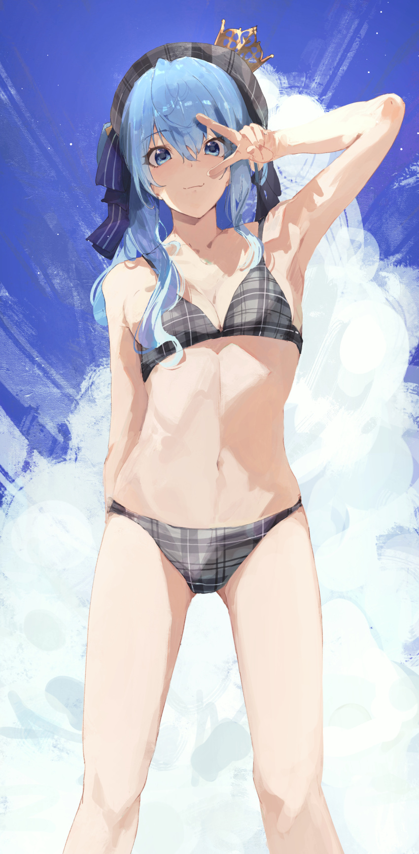 1girl absurdres armpits bangs bare_shoulders beret bikini blue_eyes blue_hair blush breasts cleavage closed_mouth crown grey_bikini grey_headwear hair_between_eyes hat highres hololive hoshimachi_suisei looking_at_viewer medium_hair mini_crown navel outdoors plaid plaid_bikini plaid_headwear side_ponytail small_breasts smile solo star_(symbol) star_in_eye swimsuit symbol_in_eye virgo76612871 virtual_youtuber